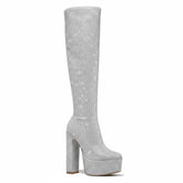 Tuhoomall Thigh High Satin Platform Boots with Chunky Heel and Rhinestone Embellishments for Parties and Special Occasions Tuhoomall
