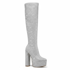 Tuhoomall Thigh High Satin Platform Boots with Chunky Heel and Rhinestone Embellishments for Parties and Special Occasions