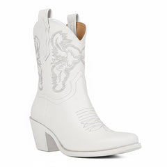 Tuhoomall Comfortable Western Ankle Boots for Fashion, Travel, and Leisure - Embroidered Genuine Leather, 5.5cm Chunky Heel, Slip-On Design