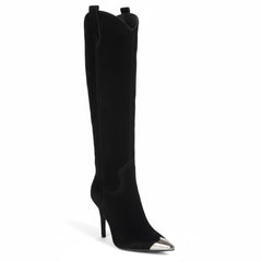 Tuhoomall Stylish High Heel Ankle Boots with Zipper, 10cm Stiletto, Rubber Sole, Metallic Shine, Denim Finish for Fashion, Casual, Office