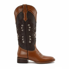 Tuhoomall Western Style Low Heel Ankle Boots with Floral Stitching - Perfect for Casual Office Wear and Everyday Fashion - Durable Rubber Sole and Leather Upper Tuhoomall