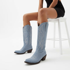 Tuhoomall Western Embroidered Pointed Toe Chunky Heel Slip-On Mid Calf Boots for Women, Retro Casual Style, Perfect for Weddings and Everyday Wear