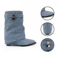 Tuhoomall Pointed Toe Wedge Ankle Boots For Women, Distressed Denim Slip-On Casual Shoes, Vintage Style Mid-Calf Boots For Parties And Daily Wear