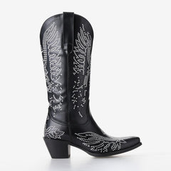 Tuhoomall Western Cowgirl Mid Calf Boots With Chunky Heel, Pointed Toe Slip-On Design, Rhinestone Pattern For Outdoor Events