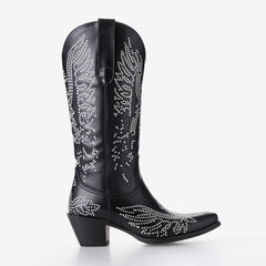Tuhoomall Western Cowgirl Mid Calf Boots With Chunky Heel, Pointed Toe Slip-On Design, Rhinestone Pattern For Outdoor Events Tuhoomall