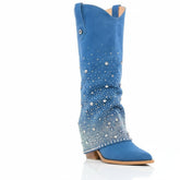 Tuhoomall Western Denim Mid Calf Boots With Chunky Heel, Pointed Toe, Rhinestone Embellishments For Casual Style, 13 In Shaft Height Tuhoomall