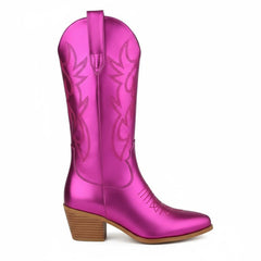 Tuhoomall Western Chunky Heel Women's Cowboy Boots, Comfortable Slip-On, Retro Embroidered Design, Non-Slip Sole for Travel and Casual Wear