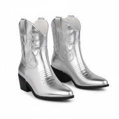 Tuhoomall Western Ankle Boots with Embroidered Pattern, 5cm Chunky Heel, Slip-On Design for Fashion and Travel, Durable Synthetic Fabric Lining