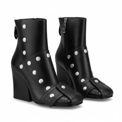 Tuhoomall Fashion Ankle Booties With Zip And Studs, Chunky Wedge Heel, Stylish For Parties And Casual Outings, All-Season Wear