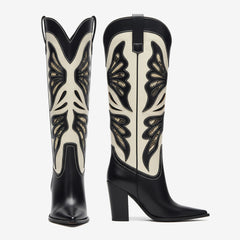 Tuhoomall Fashion Casual Knee-High Boots with Embroidery, Lizard Pattern Chunky Heel for Travel, Work, Party and Evening Wear