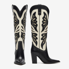 Tuhoomall Fashion Casual Knee-High Boots with Embroidery, Lizard Pattern Chunky Heel for Travel, Work, Party and Evening Wear Tuhoomall