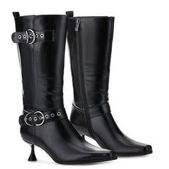 Tuhoomall Stylish Low-Cut Ankle Boots for Parties and Runway Shows, Adjustable Buckle, 5cm Kitten Heel, Solid Color with Metallic Accents, All-Season Comfort