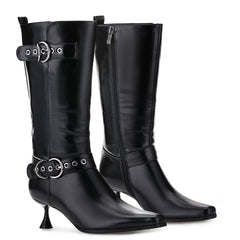 Tuhoomall Stylish Low-Cut Ankle Boots for Parties and Runway Shows, Adjustable Buckle, 5cm Kitten Heel, Solid Color with Metallic Accents, All-Season Comfort Tuhoomall