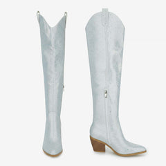 Tuhoomall Western Over-Knee Cowboy Boots With Chunky Heel, Rhinestone-Studded Vegan Leather, Casual All-Season Style, Round Toe, Zipper Closure