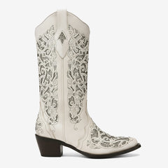 Tuhoomall Cowboy Boots for Women Western Square Toe Mid Calf White Cowgirl Boots Rhinestone Chunky Wedding