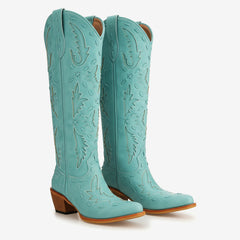 Tuhoomall Western Knee-High Cowboy Boots With Chunky Heel, Stylish Suede , Chic Patchwork Design For Comfort In Casual Outfits Tuhoomall