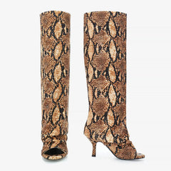 Tuhoomall Stylish Party Peep Toe Knee High Boots with Wrinkle Design and Rhinestone Accents for Trendy Casual Wear Tuhoomall