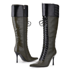 Tuhoomall Knee-High Pointed Toe Women's Fashion Boots with Cross Straps and Metal Accents for Parties and Performances, Stylish and Functional