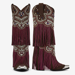 Tuhoomall Western Knee High Boots for Parties, Performances, Fashionable Comfort with Floral Embellishments and Sparkling Details