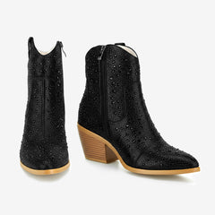 Tuhoomall Western LOW Heel Ankle Boots, Zipper Closure, Chic Rhinestone Detail, Solid Color, Perfect for Parties and All-Season Fashion