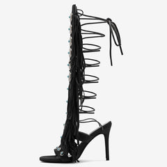 Tuhoomall High Heel Open Toe Booties with Fringe and Stone Detail for Party and Fashion Runway Events