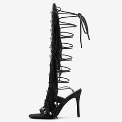 Tuhoomall High Heel Open Toe Booties with Fringe and Stone Detail for Party and Fashion Runway Events Tuhoomall