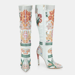 Tuhoomall Knee-High Boots with Floral Rhinestone Accents, Comfortable Chunky Heels for Parties and Performances