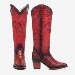 Tuhoomall Western Style Knee-High Cowboy Boots for Performances, Retro Trendy Design, Fashionable Snakeskin with Chunky Heel