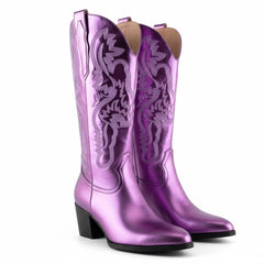 Tuhoomall Western Style Embroidered Mid Calf Boots for Women, Pointed Toe, Chunky Low Heel, Fashionable All-Season Footwear, Perfect for Parties