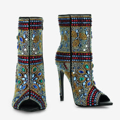 Tuhoomall Stylish Women’s Ankle Boots with Rhinestones, Peep Toe, High Heel for Parties,Trendy and Elegant