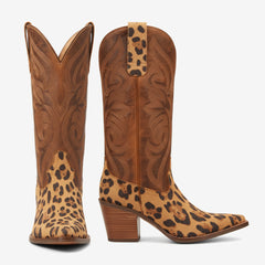 Tuhoomall Fashion Women’s Mid Calf Boots, Embroidered Leopard Pattern, Stylish Chunky Heel for Parties