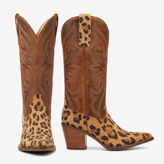Tuhoomall Fashion Women’s Mid Calf Boots, Embroidered Leopard Pattern, Stylish Chunky Heel for Parties Tuhoomall