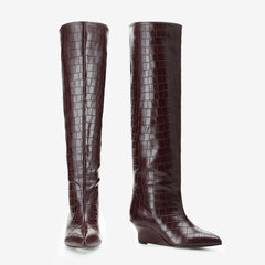 Tuhoomall Wedges Boots Over-the-Knee Boots For Parties and Performances, Comfortable Wedge Heel, Crocodile Pattern PU, Fashionable Retro Design