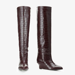 Tuhoomall Wedges Boots Over-the-Knee Boots For Parties and Performances, Comfortable Wedge Heel, Crocodile Pattern PU, Fashionable Retro Design Tuhoomall