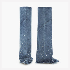 Tuhoomall Over-The-Knee Boots with Fringe and Studs for Party and Performance, Vintage Style, Slip-On Wedge Heel Tuhoomall