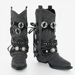 Tuhoomall Western Cowboy Boots for Women, Mid-Calf Pointed Toe, Chunky Heel Slip-On, Stylish Faux Suede with Hardware Accents, Ideal for All Seasons