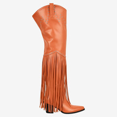 Tuhoomall Over-The-Knee High Heel Boots With Fringes And Studs For Party And Fashion Events