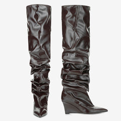 Tuhoomall Stylish Over-the-Knee Boots for Parties with Waterproof Ruffle Design and High Heel Comfort