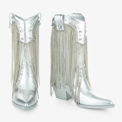 Tuhoomall Chic Pointed Toe Chunky Heel Ankle Boots with Tassels and Sparkling Rhinestones for Parties and Stylish Casual Outings Tuhoomall