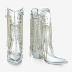 Tuhoomall Chic Pointed Toe Chunky Heel Ankle Boots with Tassels and Sparkling Rhinestones for Parties and Stylish Casual Outings