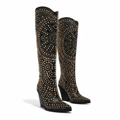 Tuhoomall Western Style Mid Calf Cowboy Boots with Chunky Heel, Pointed Toe, Zipper Closure, Studded Design, Vegan Leather, Ideal for Spring, Fall & Winter