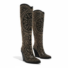 Tuhoomall Western Style Mid Calf Cowboy Boots with Chunky Heel, Pointed Toe, Zipper Closure, Studded Design, Vegan Leather, Ideal for Spring, Fall & Winter Tuhoomall