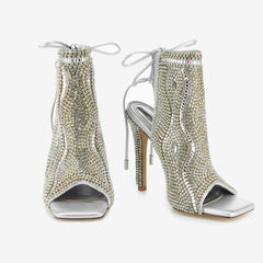 Tuhoomall Stylish High Heel Open-Toe Ankle sandals with Rhinestones for Party and Performance, Chunky Design and Lace-Up Closure, Perfect for All Seasons