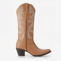 Tuhoomall Western Style Embroidered Mid-Calf Boots for All Seasons, Slip-On Low Chunky Heels with PU Material and Sniper Toe Design Tuhoomall