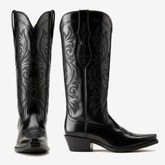 Tuhoomall Western Knee High Cowboy Boots for Women, Fashionable Casual Outdoor, Embroidered Design, Chunky Heel, Slip-On Style