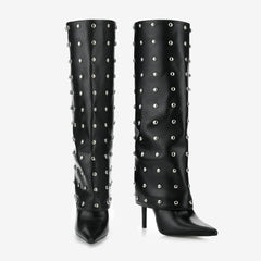 Tuhoomall Foldable Knee High Boots with Studs and Polka Dot Design for Outdoor Fashion Casual Style