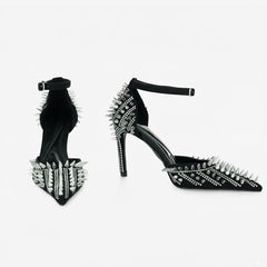 Tuhoomall High Heel Sandals for Performance and Parties, Pointed Toe, Adjustable Buckle, Sparkling Rhinestones, Summer Fashion