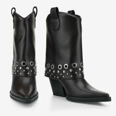 Tuhoomall Chic Ankle Boots With Geometric Pattern, Foldable Shaft, Metal Buckle, Chunky Heel For Casual And Outdoor Use
