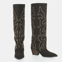 Tuhoomall Western Style Floral Embellished Women's Mid-Calf Boots with Chunky Heel for Fashionable Outdoor Casual Wear Tuhoomall