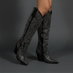 Tuhoomall Knee High Western Boots For Women, Western Style, Pointed Toe, Chunky Heel, Zipper Closure Perfect For Spring, Autumn, Winter